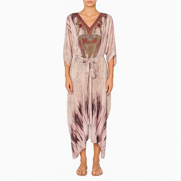 Camilla Silk Crystal Embellished Kaftan Dress OS Pink Multi Boho Resort Style - Picture 1 of 12